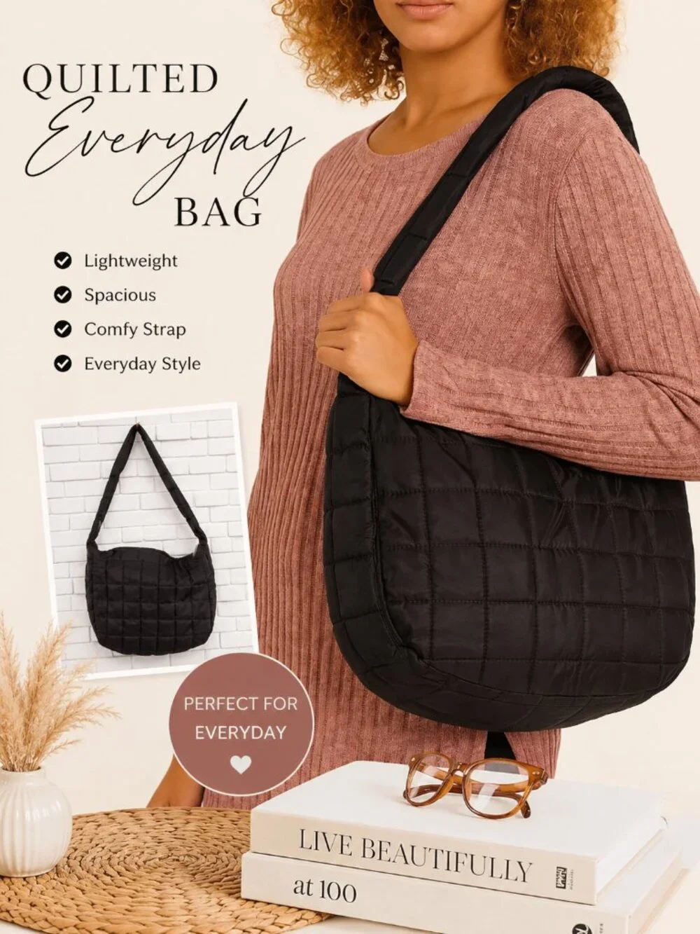Black Quilted Puffer Shoulder Bag Lightweight Zip Tote Light-Colored Interior
